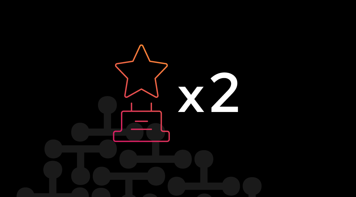 an pink and orange gradient icon of an award with the white text "x2," signifying two awards won, on a black background