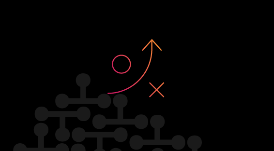 an icon of a circle and an x separated by an arrow pointing up on a black background